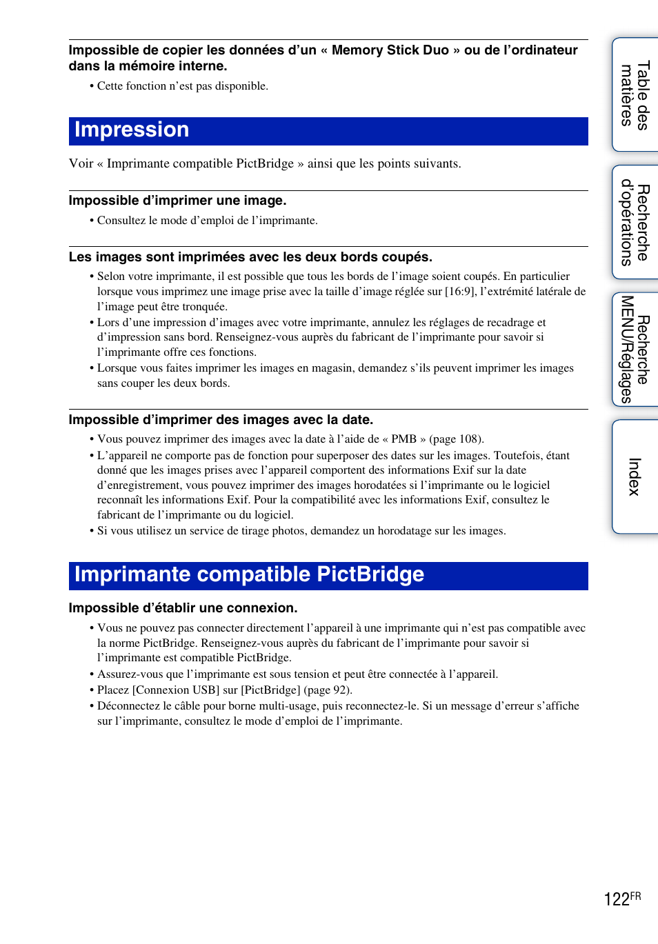 Impression imprimante compatible pictbridge | Sony DSC-WX1 Manuel d'utilisation | Page 122 / 139