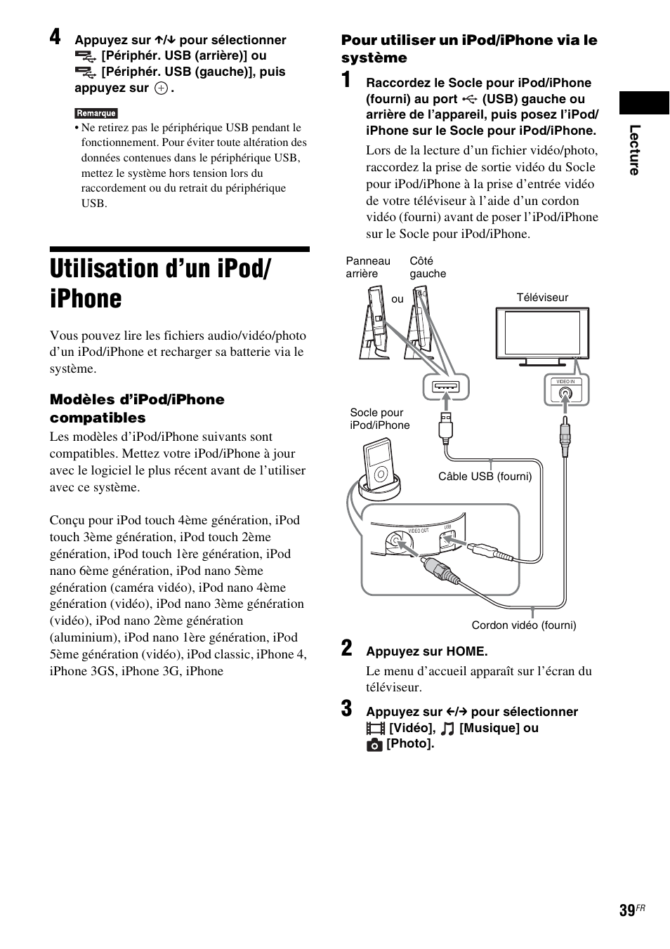 Utilisation d’un ipod/iphone, Utilisation d’un ipod/ iphone | Sony BDV-L600 Manuel d'utilisation | Page 39 / 88