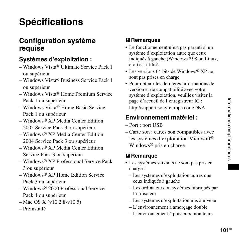 Spécifications, Configuration système requise, On « spécifications | Systèmes d’exploitation, Environnement matériel | Sony ICD-UX200 Manuel d'utilisation | Page 101 / 128