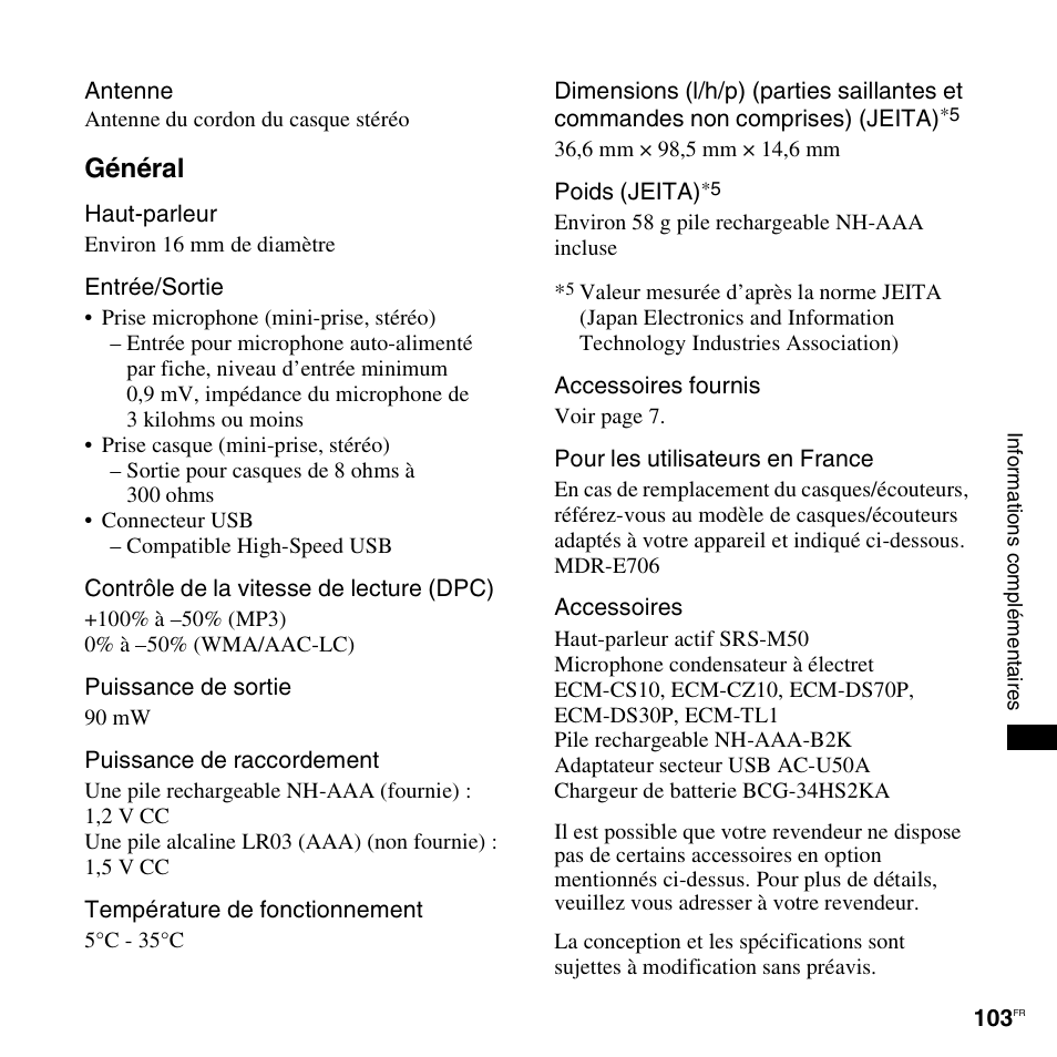 Général | Sony ICD-UX200 Manuel d'utilisation | Page 103 / 128