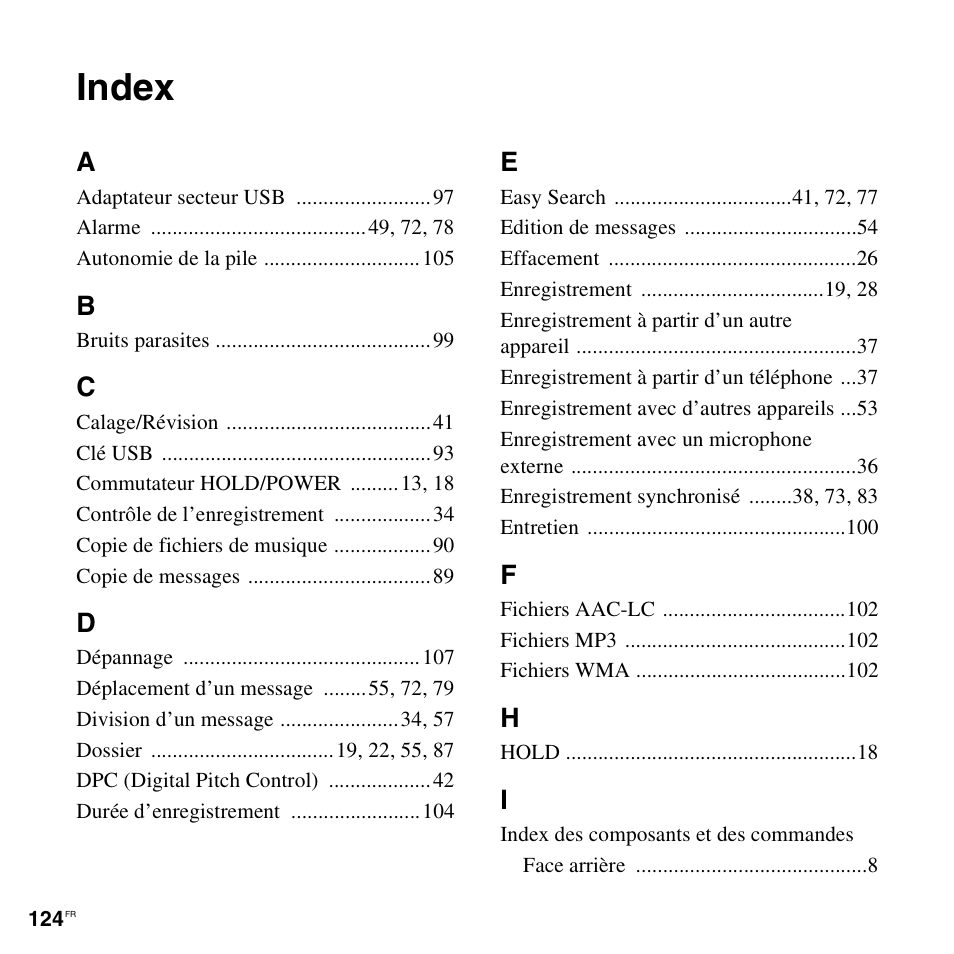 Index | Sony ICD-UX200 Manuel d'utilisation | Page 124 / 128