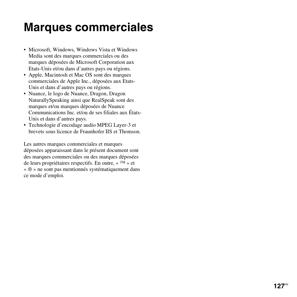 Marques commerciales | Sony ICD-UX200 Manuel d'utilisation | Page 127 / 128