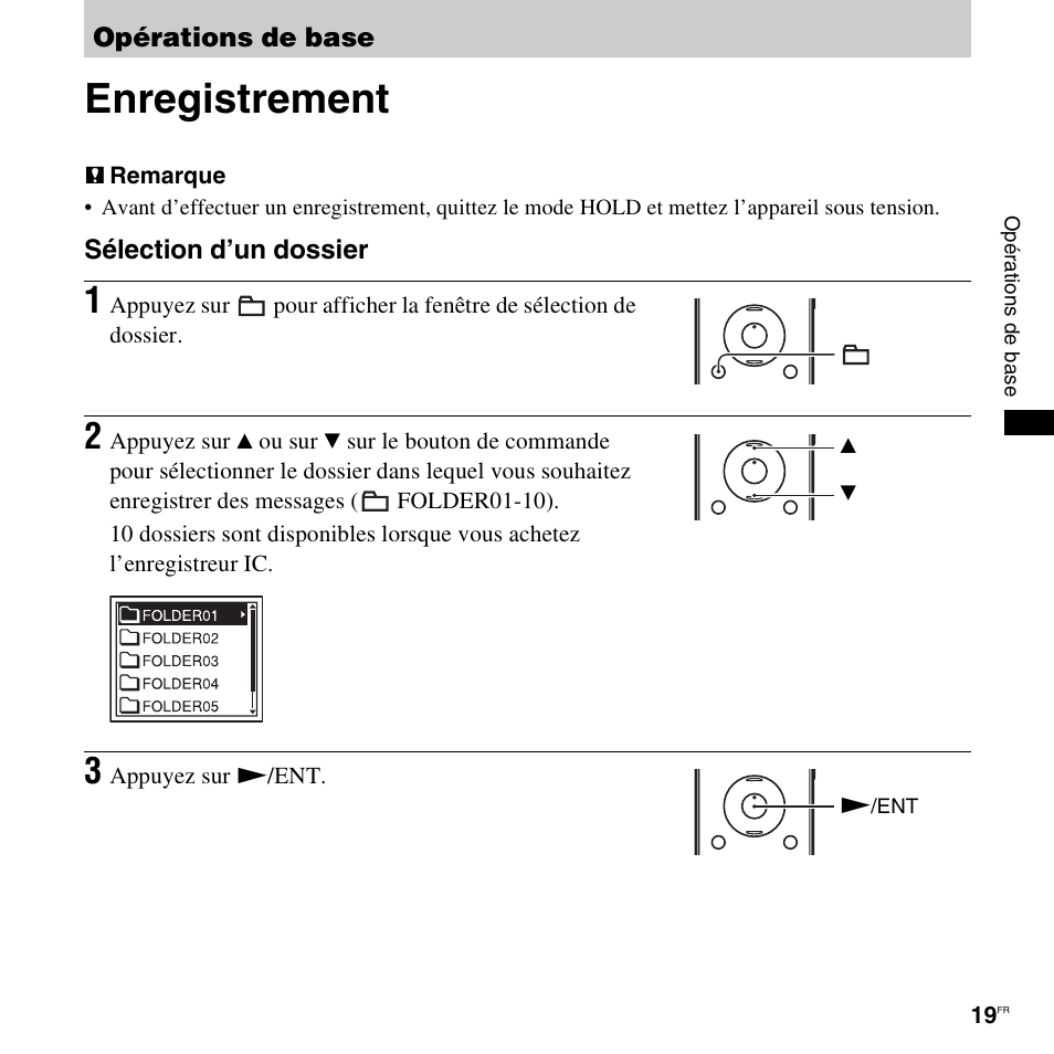 Opérations de base, Enregistrement | Sony ICD-UX200 Manuel d'utilisation | Page 19 / 128