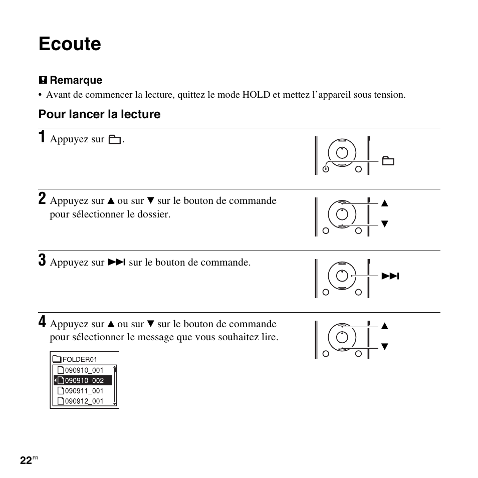 Ecoute | Sony ICD-UX200 Manuel d'utilisation | Page 22 / 128