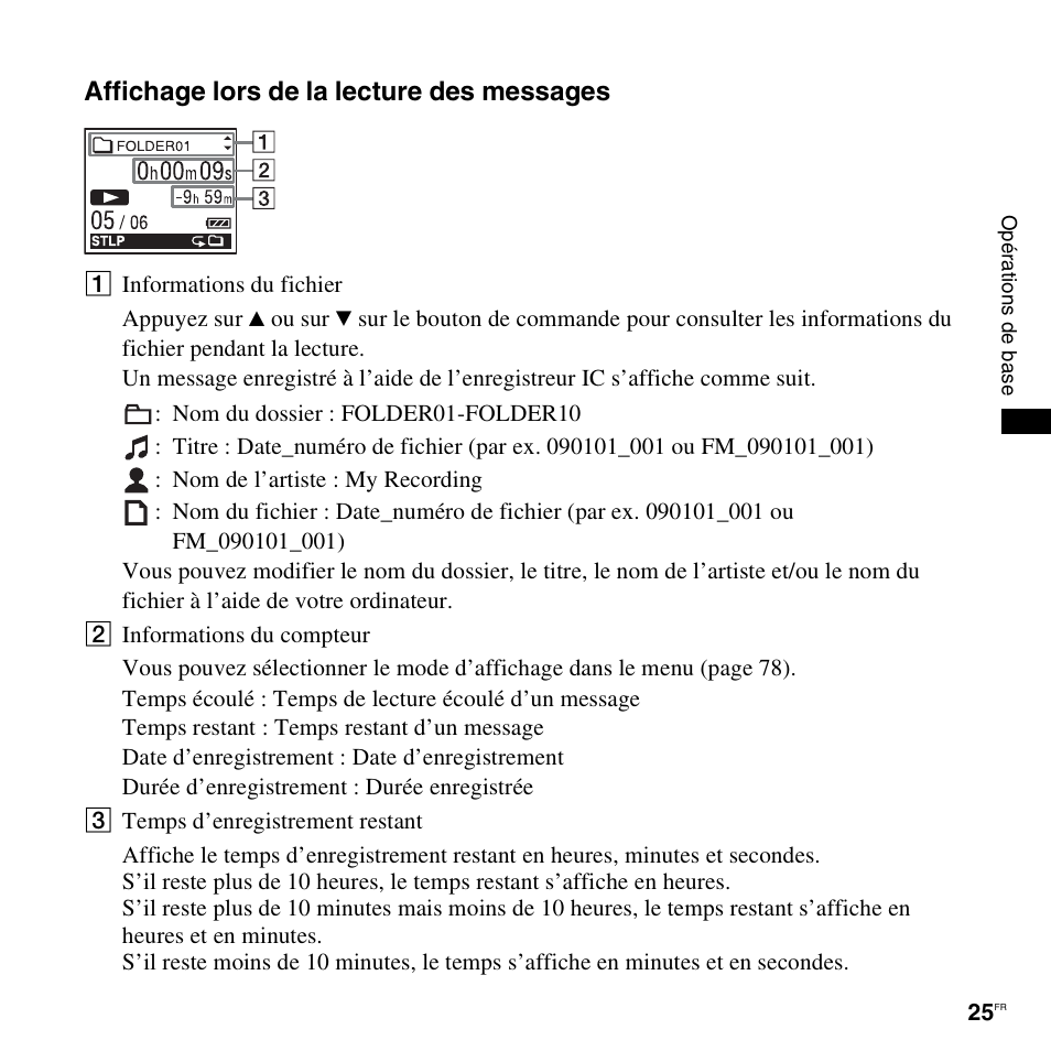 Affichage lors de la lecture des messages | Sony ICD-UX200 Manuel d'utilisation | Page 25 / 128