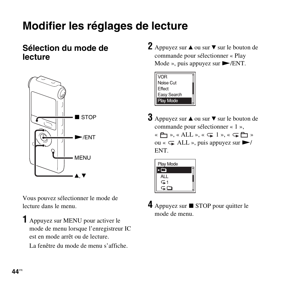 Modifier les réglages de lecture, Sélection du mode de lecture | Sony ICD-UX200 Manuel d'utilisation | Page 44 / 128