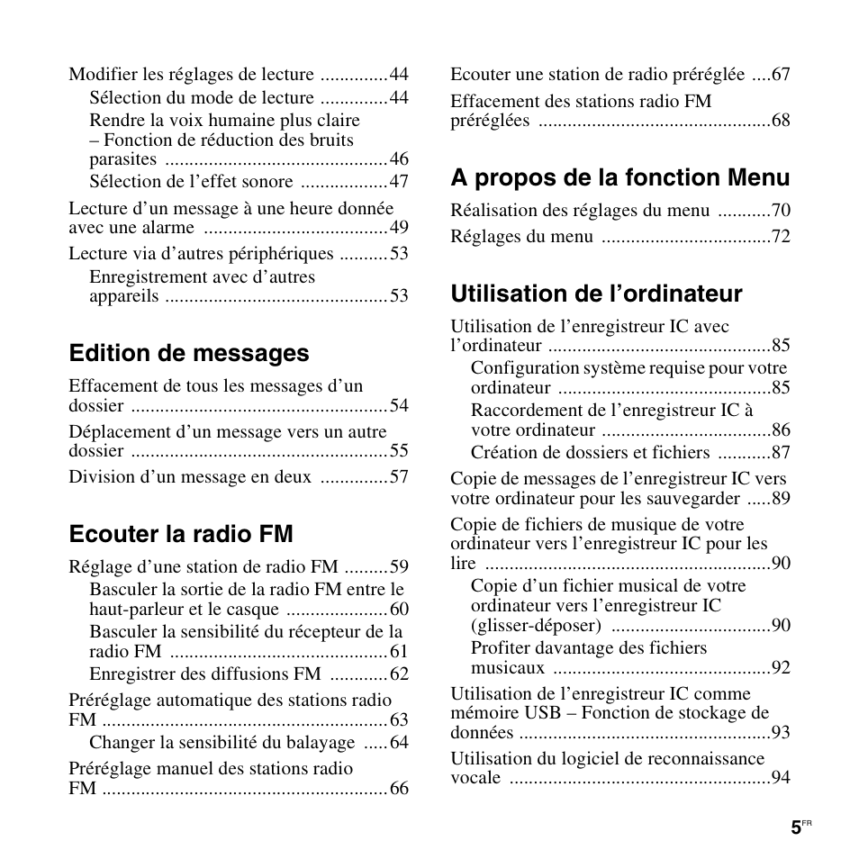 Edition de messages, Ecouter la radio fm, A propos de la fonction menu | Utilisation de l’ordinateur | Sony ICD-UX200 Manuel d'utilisation | Page 5 / 128