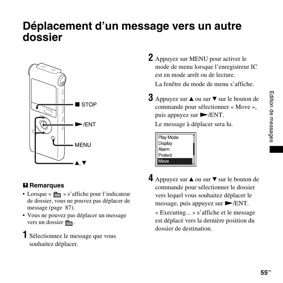 Déplacement d’un message vers un autre dossier | Sony ICD-UX200 Manuel d'utilisation | Page 55 / 128