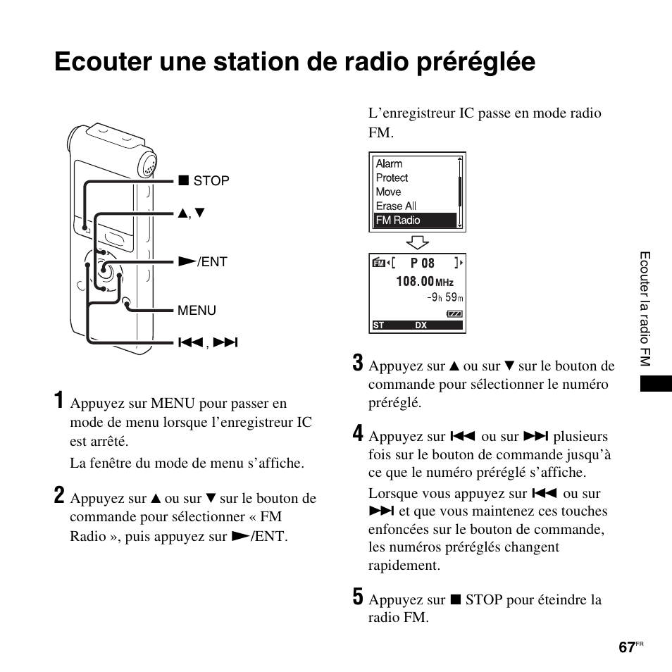 Ecouter une station de radio préréglée | Sony ICD-UX200 Manuel d'utilisation | Page 67 / 128