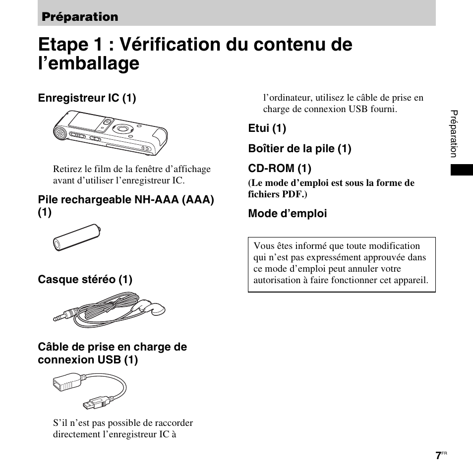 Préparation, Etape 1 : vérification du contenu de l’emballage | Sony ICD-UX200 Manuel d'utilisation | Page 7 / 128
