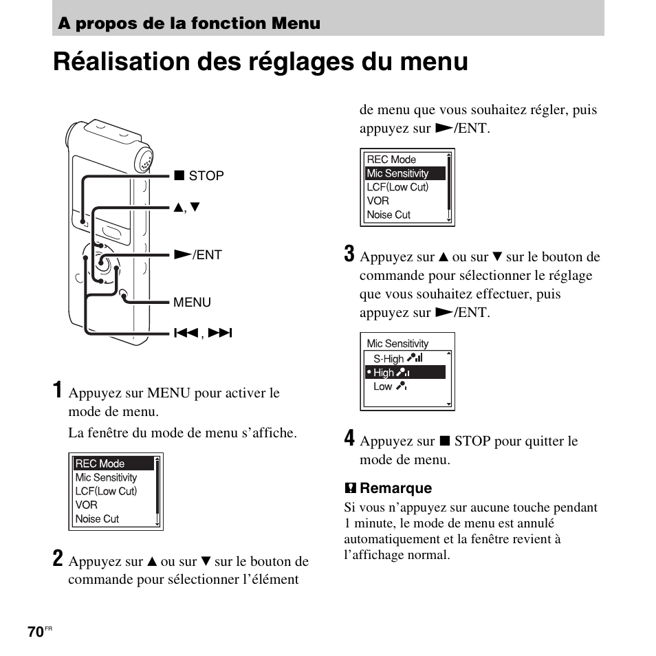 A propos de la fonction menu, Réalisation des réglages du menu | Sony ICD-UX200 Manuel d'utilisation | Page 70 / 128