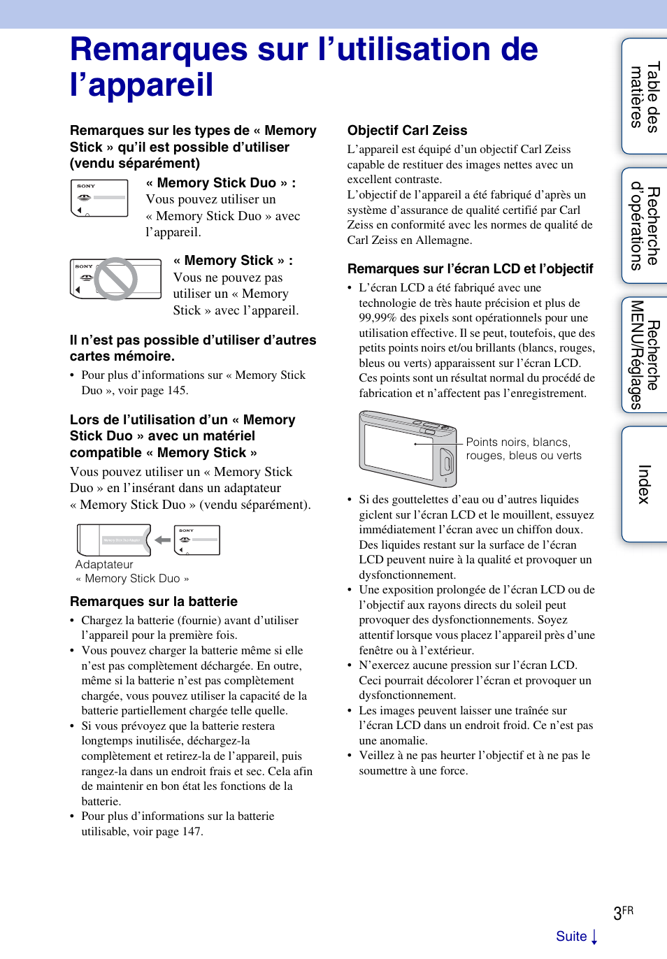 Remarques sur l’utilisation de l’appareil | Sony DSC-TX1 Manuel d'utilisation | Page 3 / 153