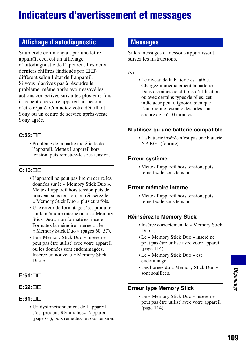 Indicateurs d’avertissement et messages, Affichage d’autodiagnostic messages | Sony DSC-T20 Manuel d'utilisation | Page 109 / 122