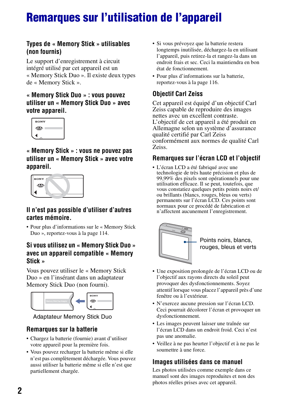 Remarques sur l’utilisation de l’appareil | Sony DSC-T20 Manuel d'utilisation | Page 2 / 122