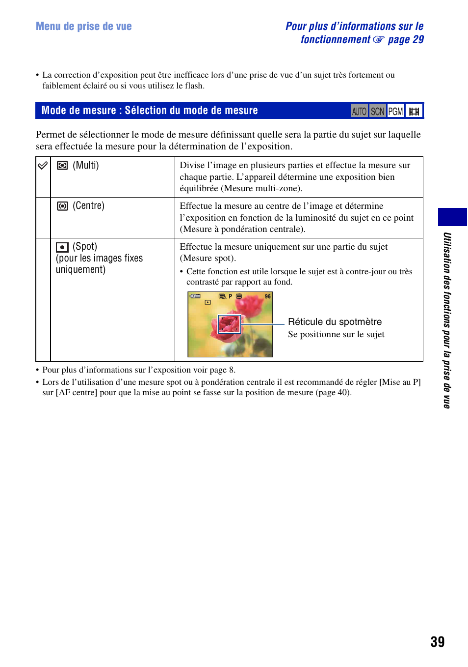Mode de mesure : sélection du mode de mesure | Sony DSC-T20 Manuel d'utilisation | Page 39 / 122