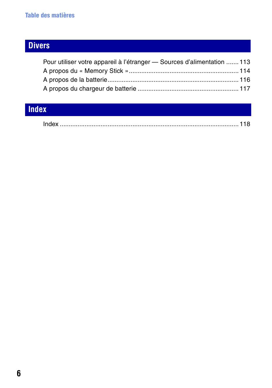 Divers index | Sony DSC-T20 Manuel d'utilisation | Page 6 / 122