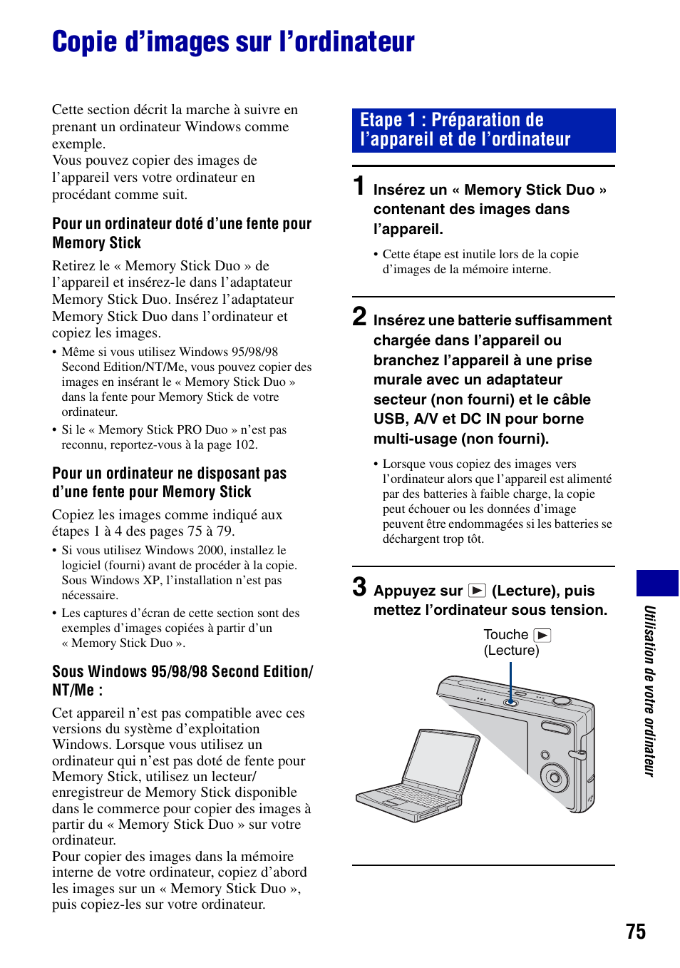 Copie d’images sur l’ordinateur | Sony DSC-T20 Manuel d'utilisation | Page 75 / 122