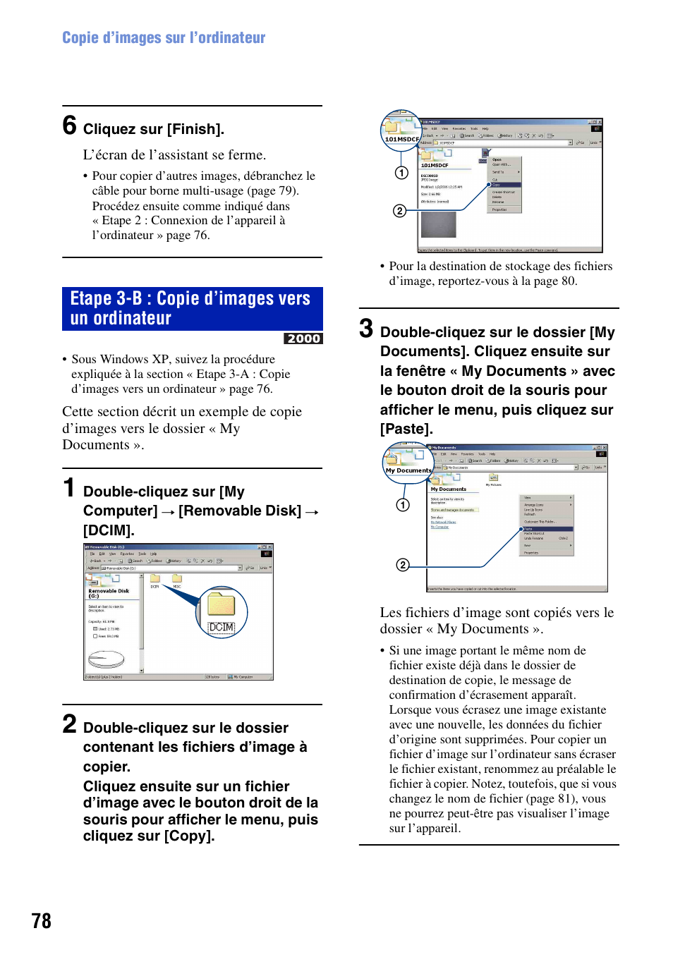 Etape 3-b : copie d’images vers un ordinateur | Sony DSC-T20 Manuel d'utilisation | Page 78 / 122