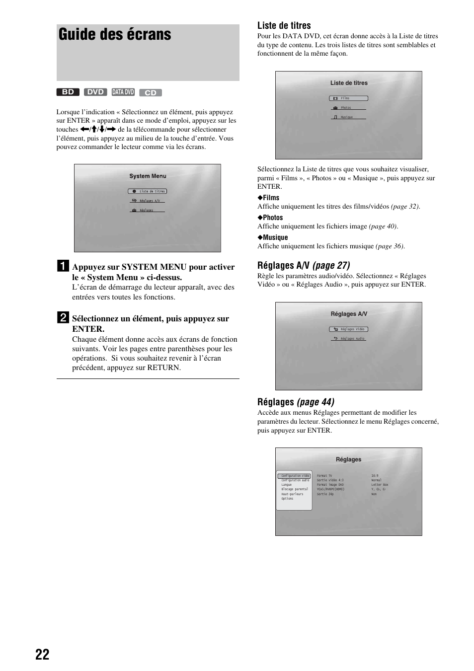 Guide des écrans, Liste de titres, Réglages a/v (page 27) | Réglages (page 44), Sélectionnez un élément, puis appuyez sur enter | Sony BDP-S300 Manuel d'utilisation | Page 22 / 67