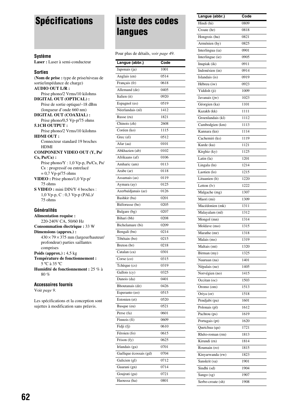 Spécifications, Liste des codes langues | Sony BDP-S300 Manuel d'utilisation | Page 62 / 67