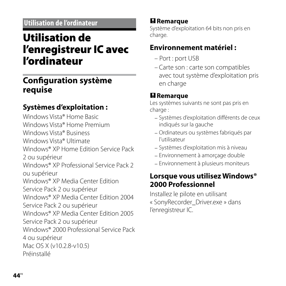 Utilisation de l’ordinateur, Utilisation de l’enregistreur ic avec l’ordinateur, Configuration système requise | Utilisation de l’enregistreur ic avec, L’ordinateur | Sony ICD-UX80 Manuel d'utilisation | Page 44 / 68