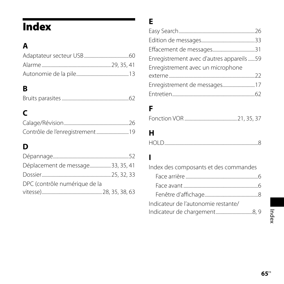 Index | Sony ICD-UX80 Manuel d'utilisation | Page 65 / 68