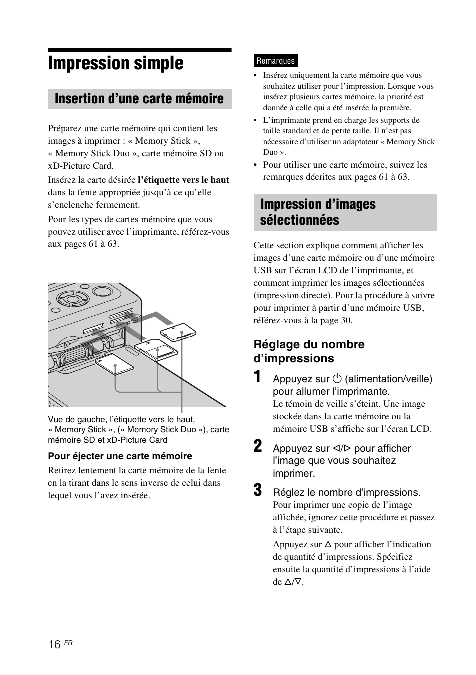 Impression simple, Insertion d’une carte mémoire, Impression d’images sélectionnées | Es 16 | Sony DPP-FP65 Manuel d'utilisation | Page 16 / 72