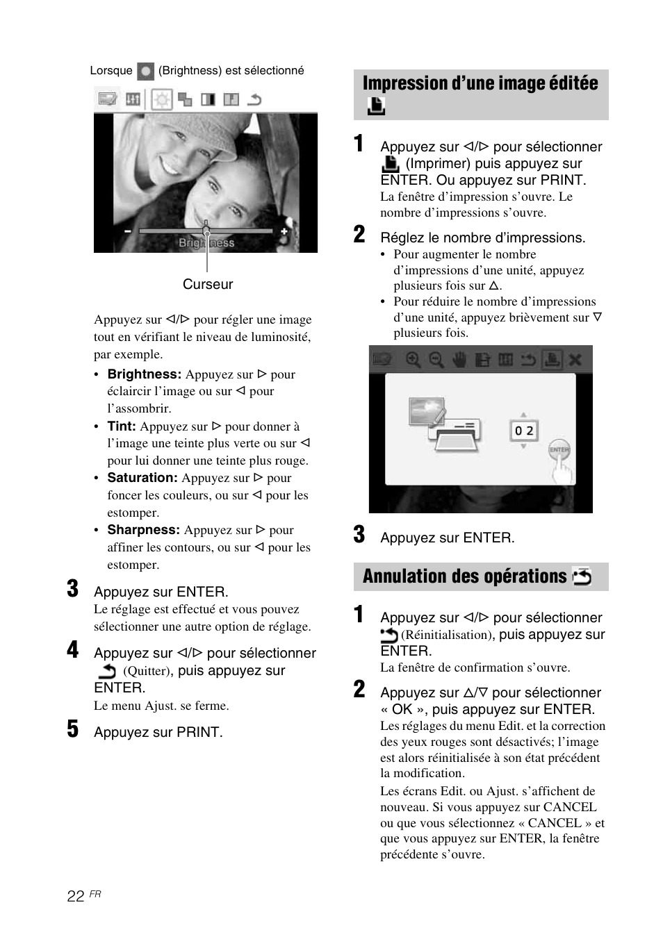 Impression d’une image éditée, Annulation des opérations | Sony DPP-FP65 Manuel d'utilisation | Page 22 / 72