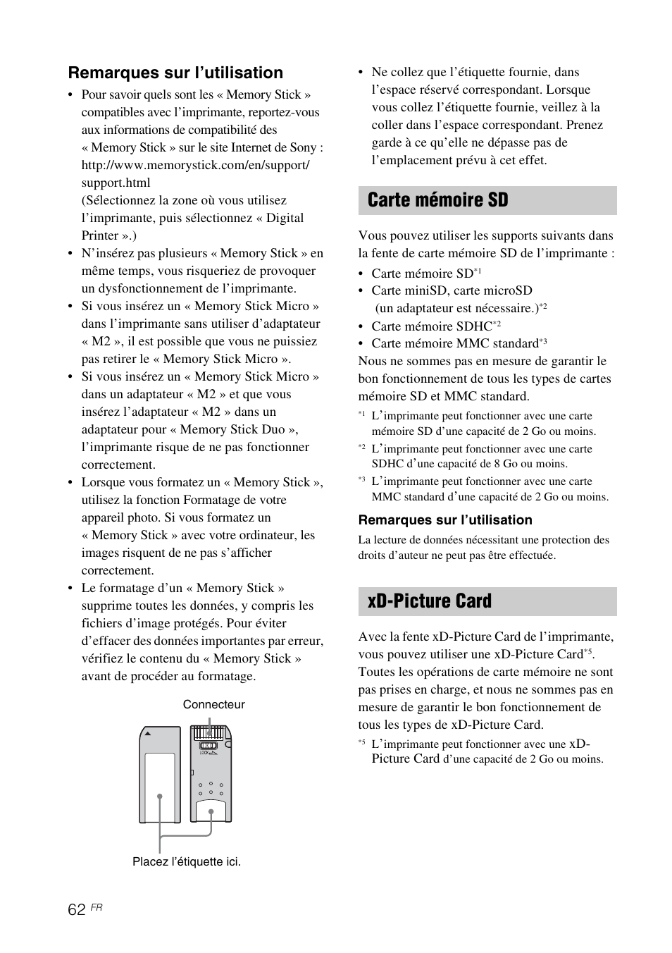 Carte mémoire sd, Xd-picture card, Carte mémoire sd xd-picture card | Remarques sur l’utilisation | Sony DPP-FP65 Manuel d'utilisation | Page 62 / 72