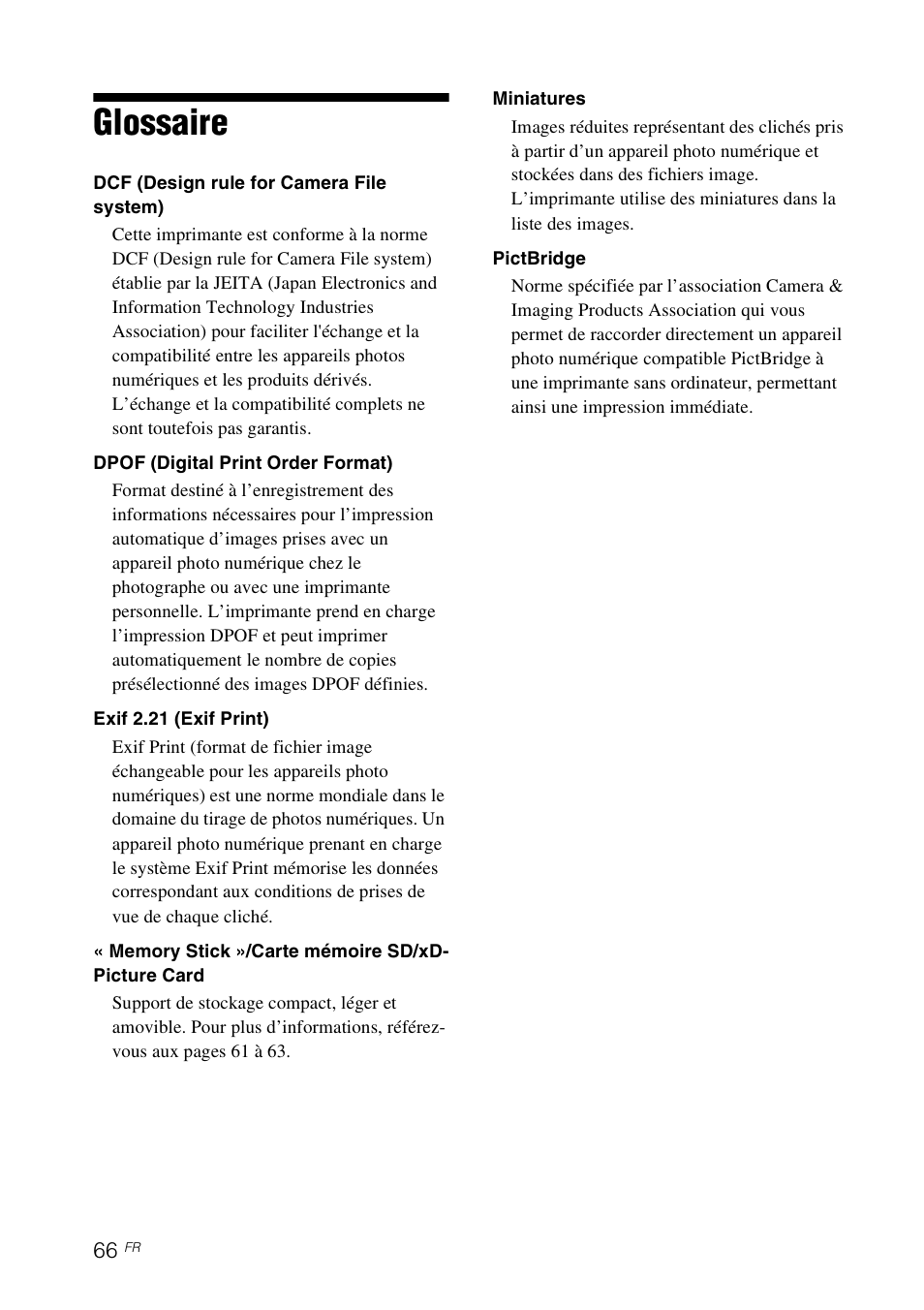 Glossaire | Sony DPP-FP65 Manuel d'utilisation | Page 66 / 72