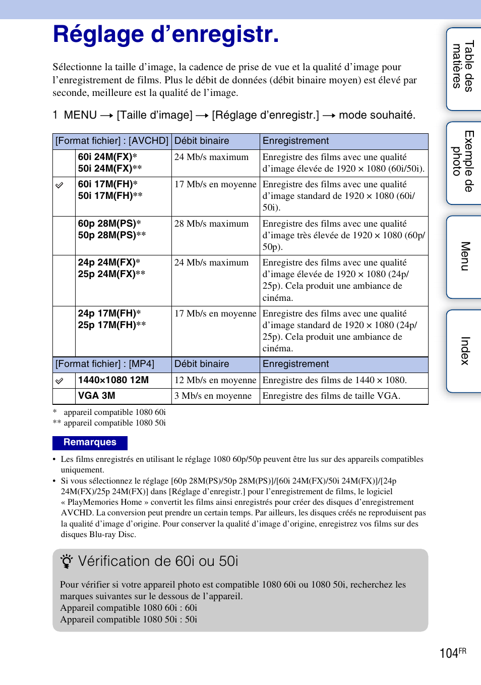Réglage d’enregistr, Vérification de 60i ou 50i | Sony NEX-5RL Manuel d'utilisation | Page 117 / 261