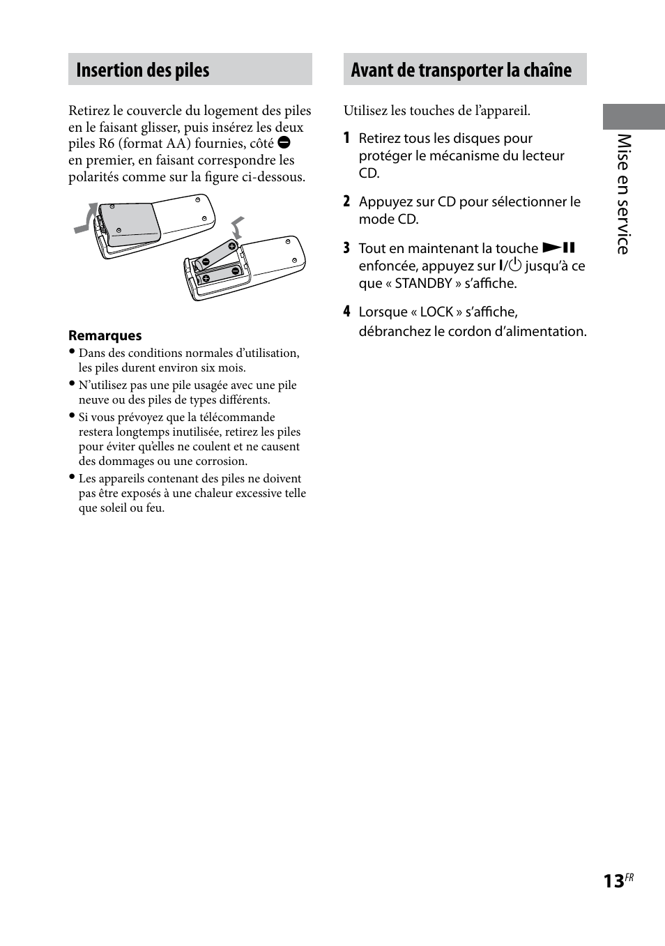 Insertion des piles, Avant de transporter la chaîne, Mise en ser vic e | Sony MHC-EC69 Manuel d'utilisation | Page 13 / 44