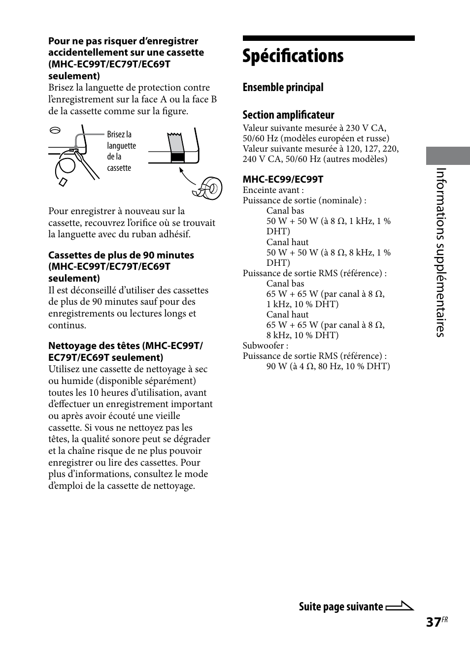 Spécifications, Inf or ma tions supplémen tair es | Sony MHC-EC69 Manuel d'utilisation | Page 37 / 44