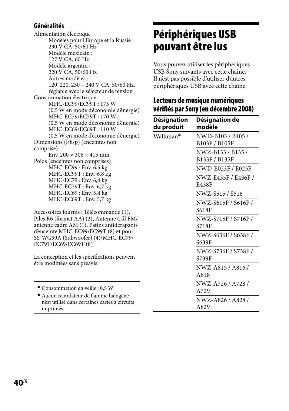 Périphériques usb pouvant être lus, Périphériques usb pouvant être | Sony MHC-EC69 Manuel d'utilisation | Page 40 / 44