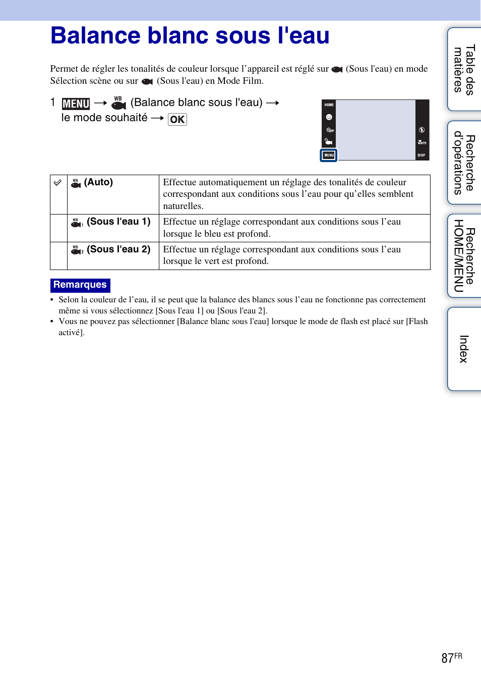 Balance blanc sous l'eau | Sony DSC-T90 Manuel d'utilisation | Page 87 / 171
