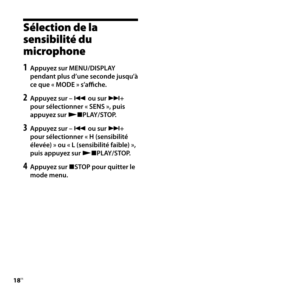Sélection de la sensibilité du microphone, Sélection de la sensibilité du, Microphone | Sony ICD-P520 Manuel d'utilisation | Page 18 / 56