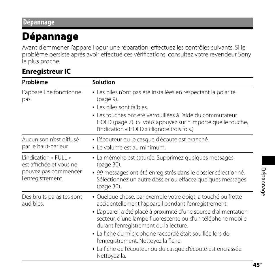 Dépannage, Enregistreur ic | Sony ICD-P520 Manuel d'utilisation | Page 45 / 56
