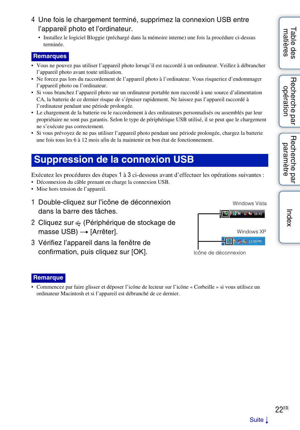 Suppression de la connexion usb | Sony bloggie MHS-TS20 Manuel d'utilisation | Page 22 / 75