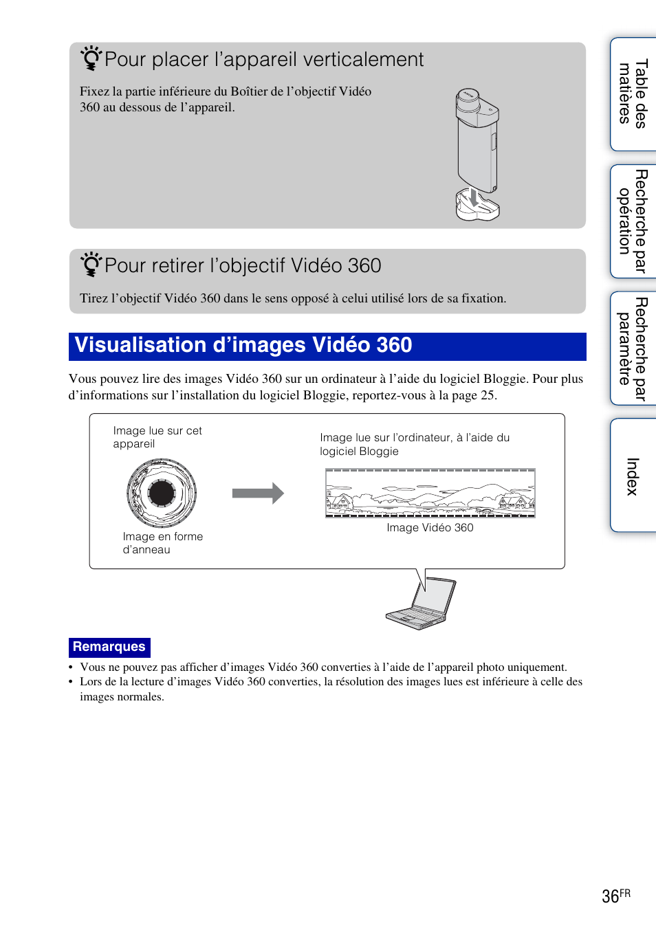 Visualisation d’images vidéo 360, Pour placer l’appareil verticalement, Pour retirer l’objectif vidéo 360 | Sony bloggie MHS-TS20 Manuel d'utilisation | Page 36 / 75