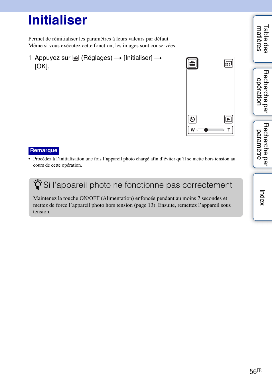 Initialiser, Si l’appareil photo ne fonctionne pas correctement | Sony bloggie MHS-TS20 Manuel d'utilisation | Page 56 / 75