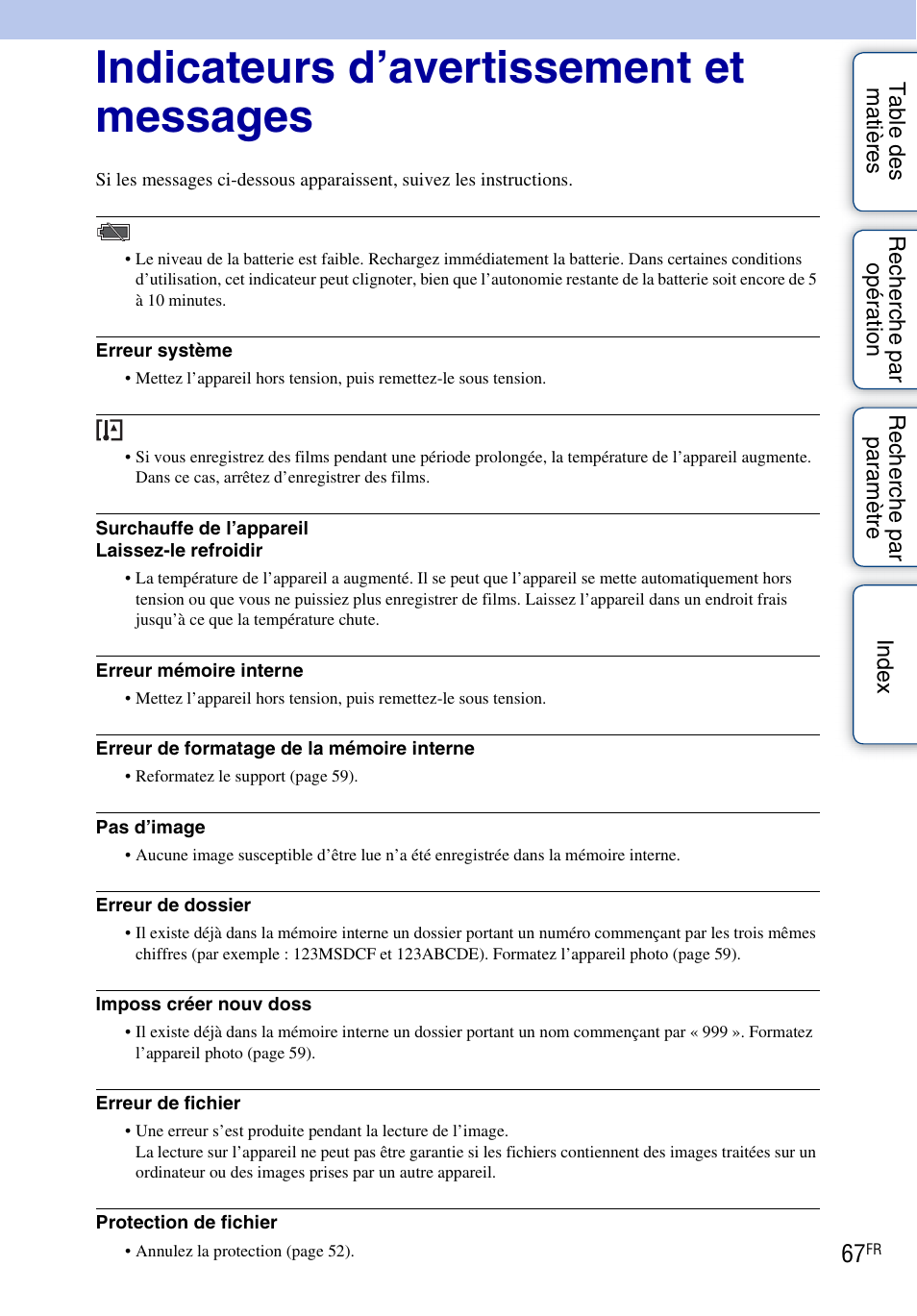 Indicateurs d’avertissement et messages | Sony bloggie MHS-TS20 Manuel d'utilisation | Page 67 / 75