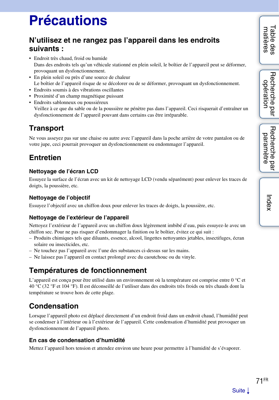 Précautions, Transport, Entretien | Températures de fonctionnement, Condensation | Sony bloggie MHS-TS20 Manuel d'utilisation | Page 71 / 75