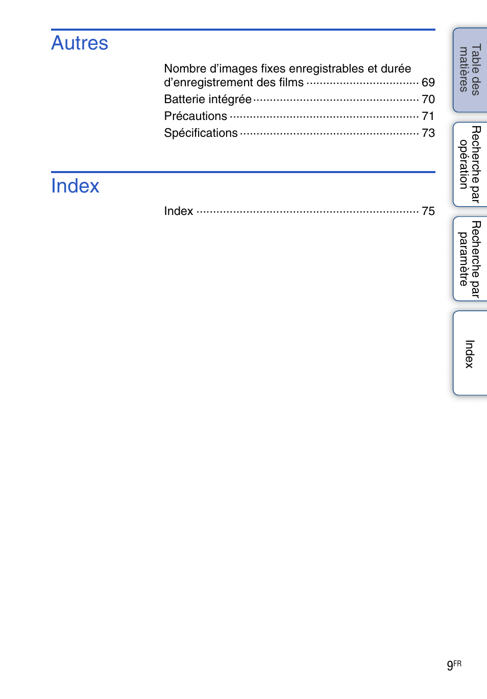 Autres, Index | Sony bloggie MHS-TS20 Manuel d'utilisation | Page 9 / 75