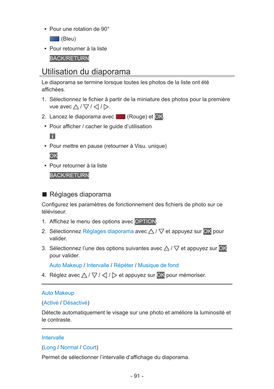 Utilisation du diaporama, Réglages diaporama | Panasonic TXL39E6YW Manuel d'utilisation | Page 91 / 176