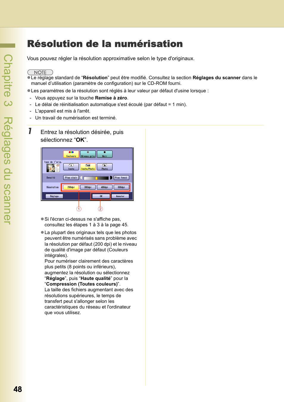 Résolution de la numérisation, Chapitre 3 réglages du scanner | Panasonic DPC266 Manuel d'utilisation | Page 48 / 74