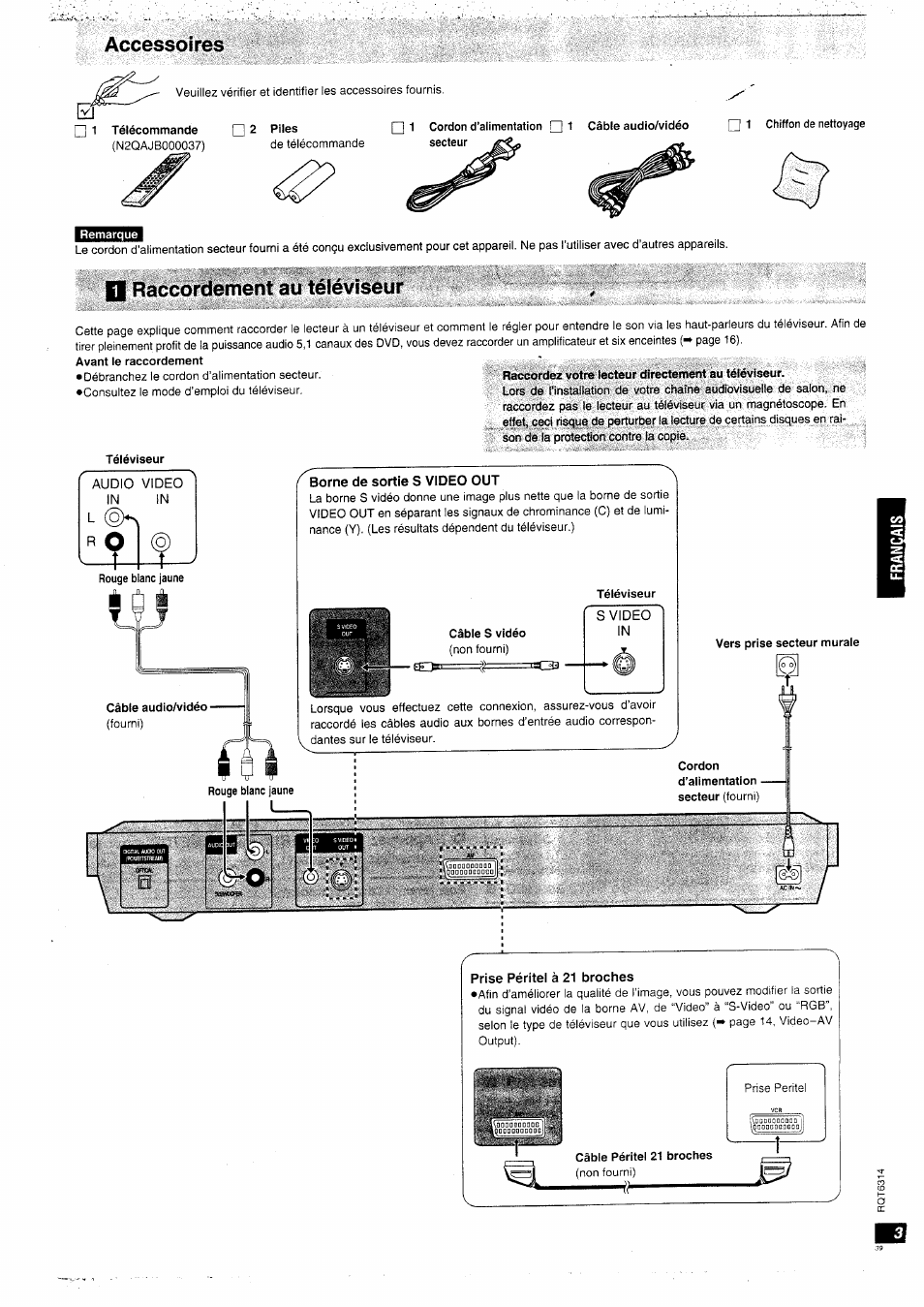 Accessoires, N raccordement au téléviseur | Panasonic DVDXV10EG Manuel d'utilisation | Page 3 / 20