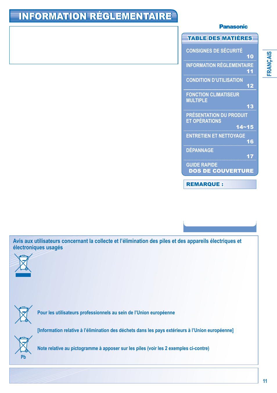 Information réglementaire | Panasonic CUE15HBEA Manuel d'utilisation | Page 3 / 10