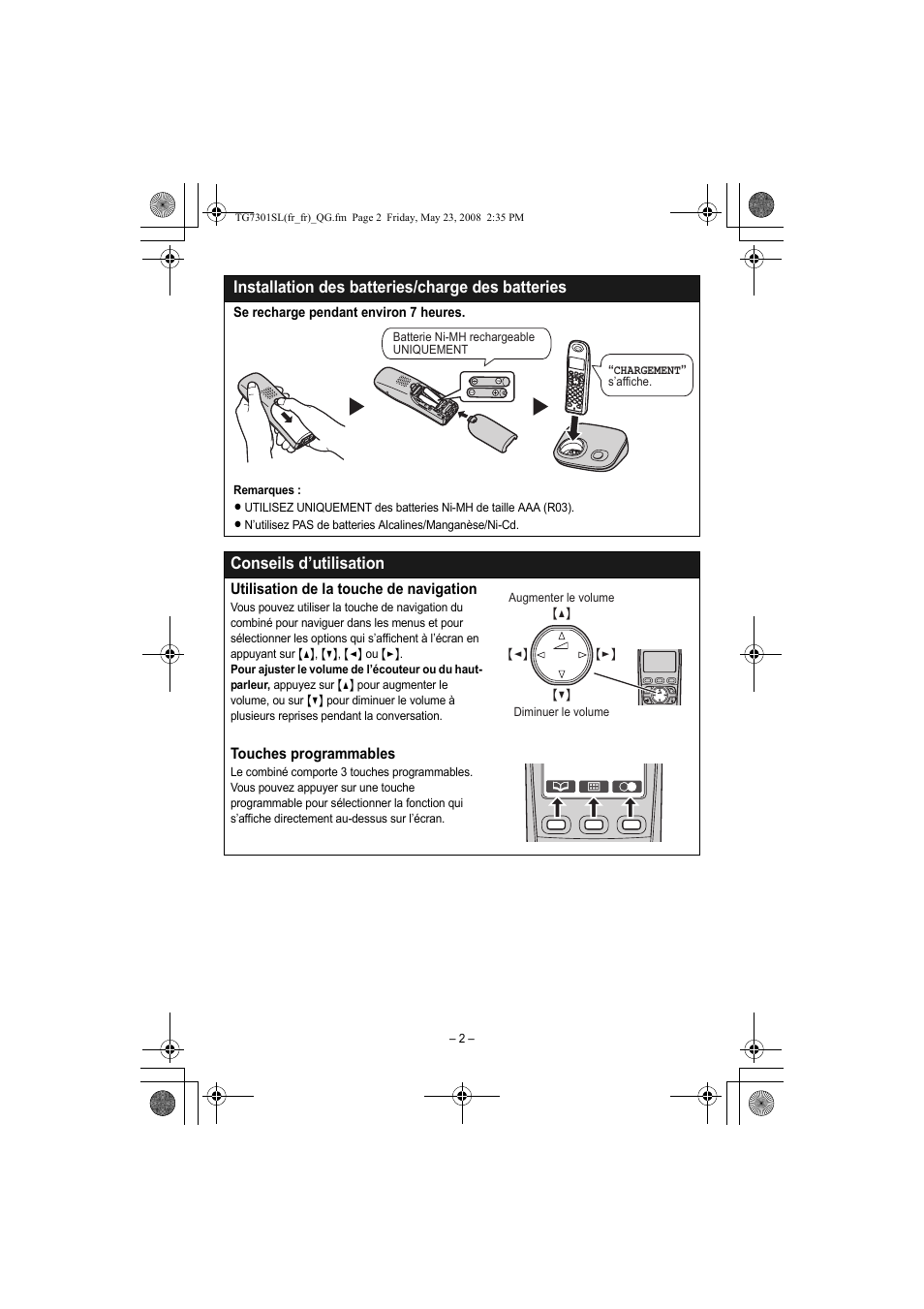 Installation des batteries/charge des batteries, Conseils d’utilisation | Panasonic KXTG7301SL Manuel d'utilisation | Page 2 / 8