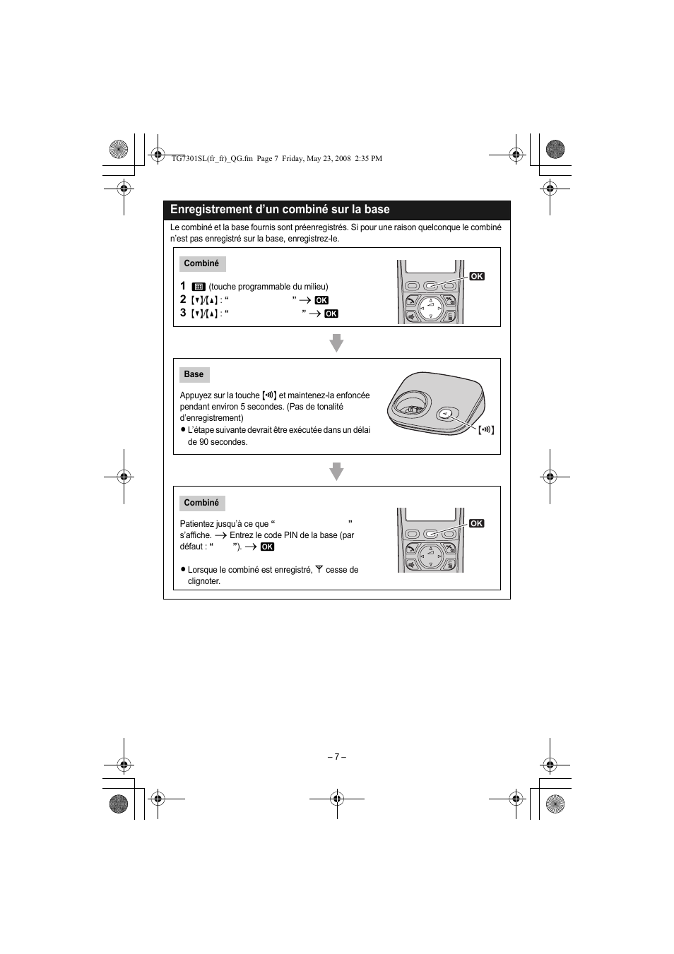 Enregistrement d’un combiné sur la base | Panasonic KXTG7301SL Manuel d'utilisation | Page 7 / 8