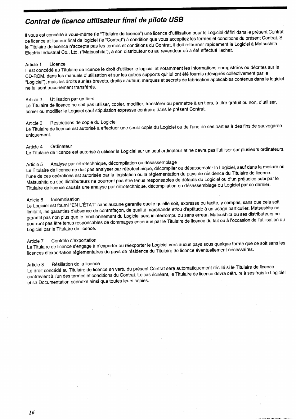 Contrat de licence utilisateur final de pilote usb | Panasonic USBKit Manuel d'utilisation | Page 2 / 29